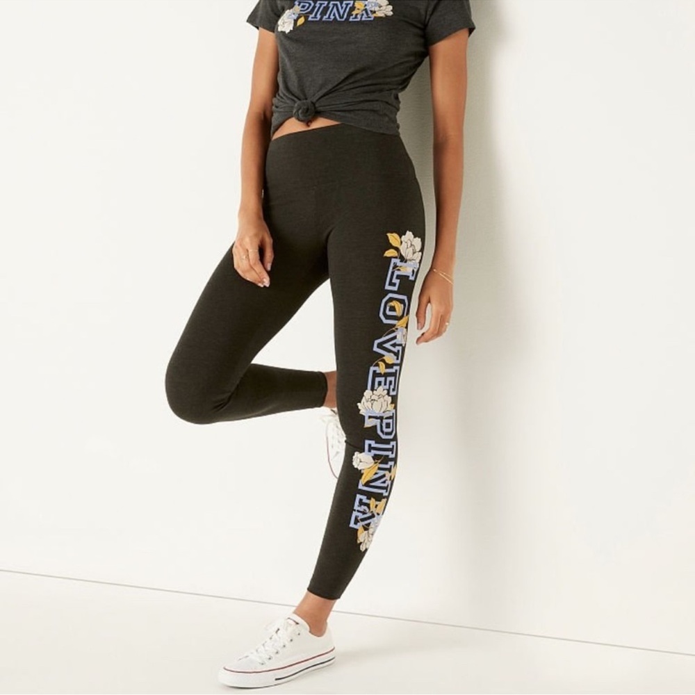 PINK Victoria's Secret Charcoal Gray Leggings with Floral Graphic